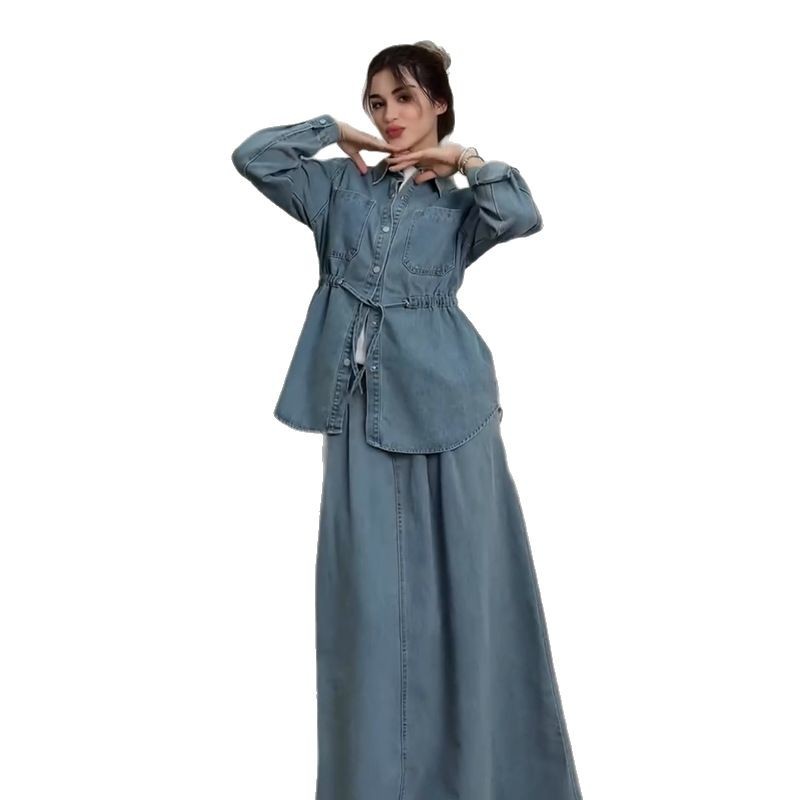 Denim 2 pièces ensembles femmes chemise musulmane manteau jupes tenues simple boutonnage col rabattu poches jupes longues surchemise costume