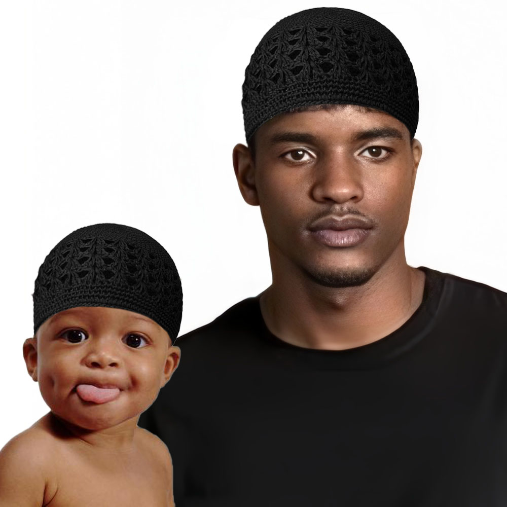 Chapeau Kufi tricoté musulman pour adultes et enfants 2 pièces bonnets Skullies tricotés casquette de crâne Crochet fait à la main casquette de prière islamique du Ramadan