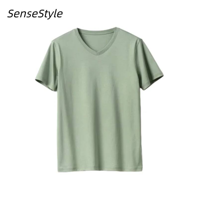 T-shirt manches courtes col en V homme, estival et basique, en coton mercerisé, mûrier, 7%