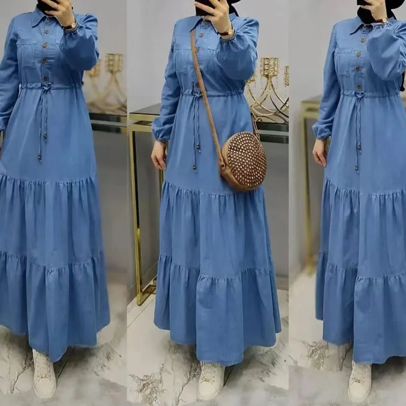 Robe Élégante en Denim à Simple Boutonnage pour Femme, Caftan Musulman à Col Rabattu, Dubaï, Turquie