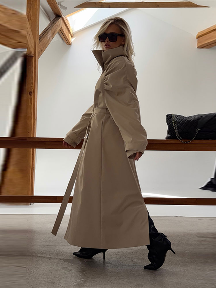 Manteau Trench Long Décontracté pour Femme, Beige, Coupe Ample, Col Chemise, Boutonnage Simple, Boutons-Pression, Surdimensionné, Minimaliste, Vêtement d'Extérieur Automne 2026