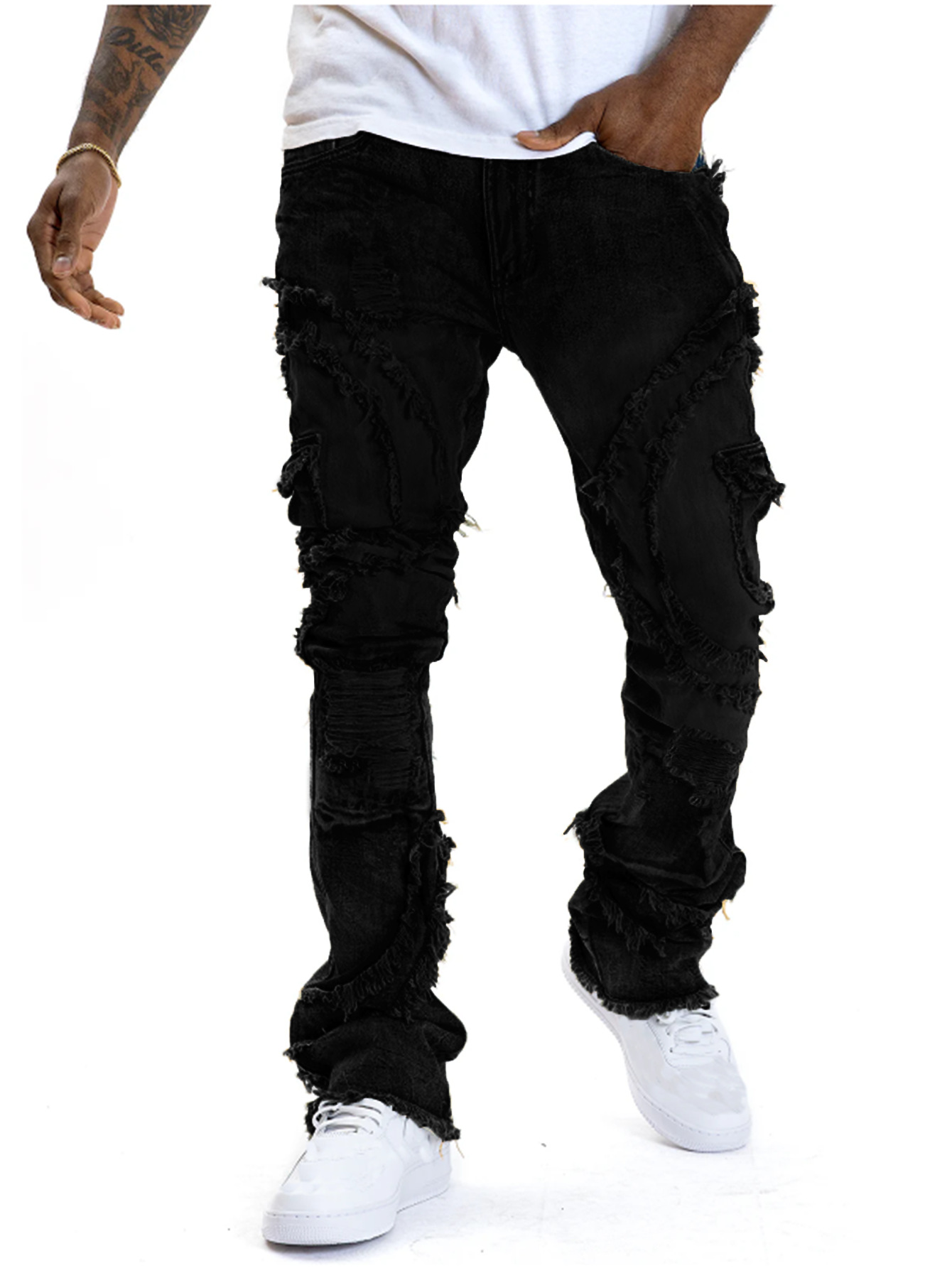 2025 Nouveaux jeans décontractés pour hommes européens et américains, mode punk de rue, rétro, trou déchiré, jeans élastiques à pampilles légèrement évasées