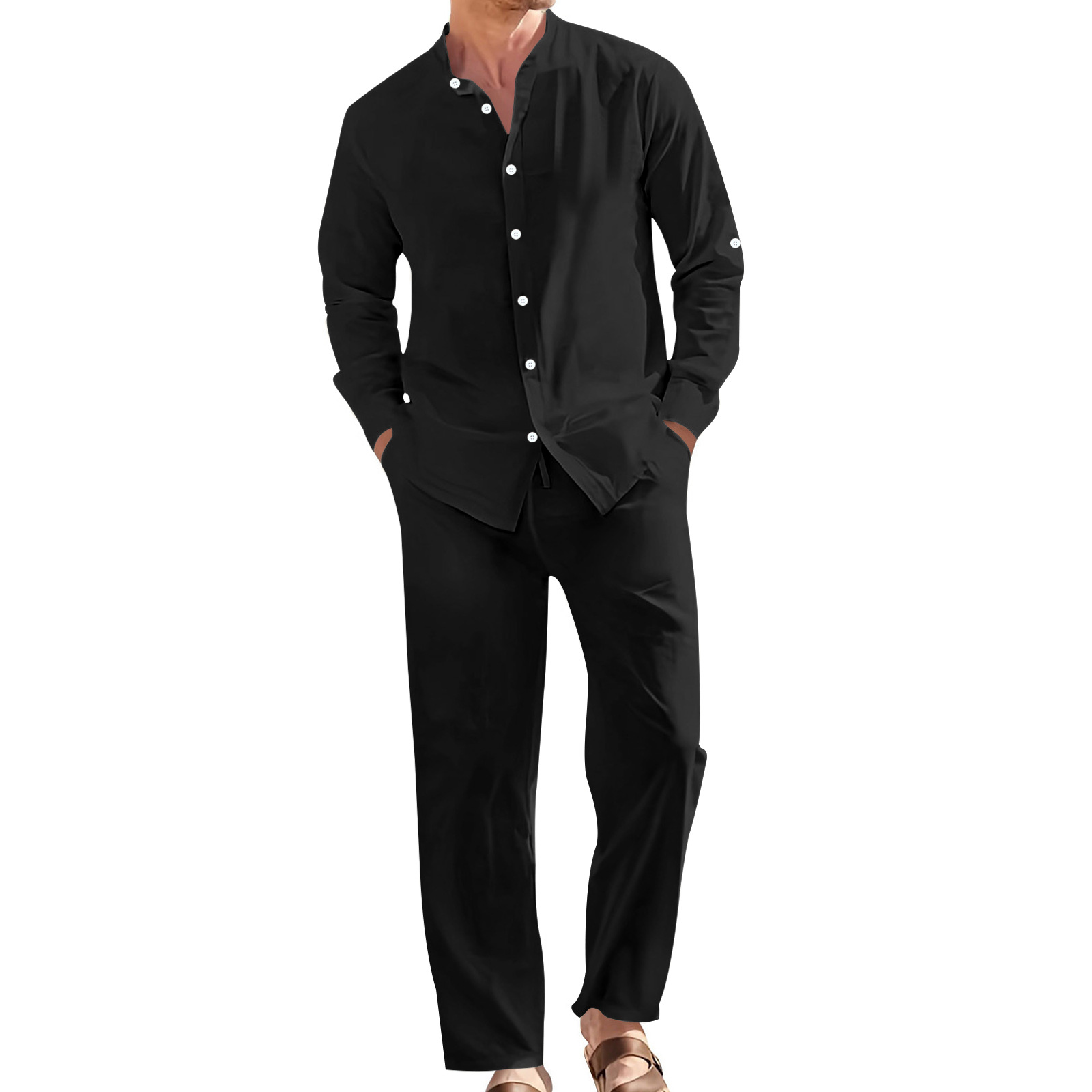Ensemble décontracté en lin pour homme, chemise à col montant + pantalon ample