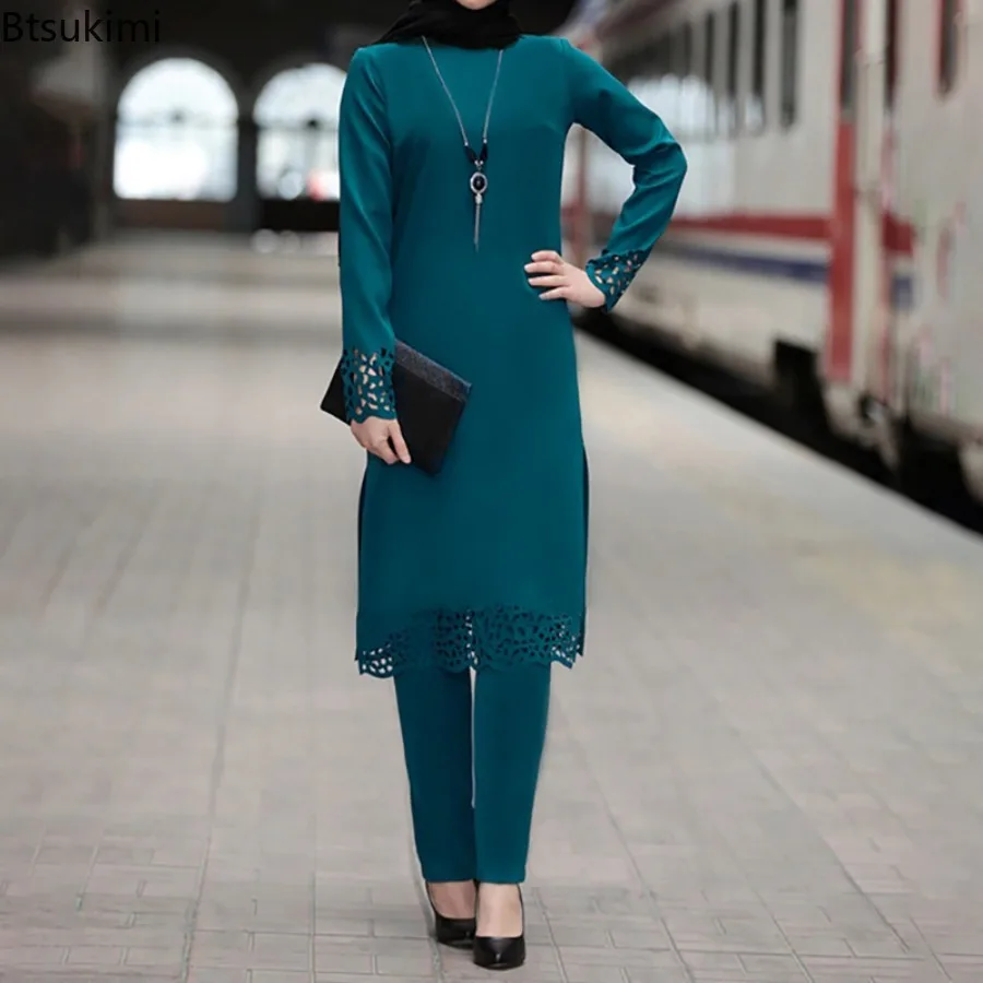 Abaya musulmane pour femmes, ensemble deux pièces ajouré à manches longues et pantalons, vêtements islamiques pour femmes, Kaftan arabe de dubaï, 2026