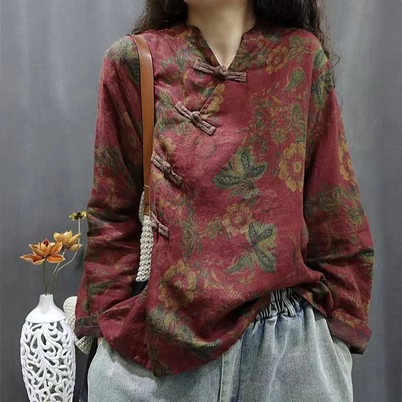 Chemisier Femme Style Ethnique à Motifs Floraux, Col Asymétrique Rétro, Nouveauté Printemps-Automne, Hauts Littéraires en Coton et Lin