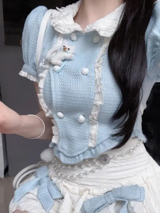 Kawaii Lolita Ensemble deux pièces pour femme, patchwork japonais, mini jupe trempée, femme décontractée, mode coréenne, Y2k, doux, mignon