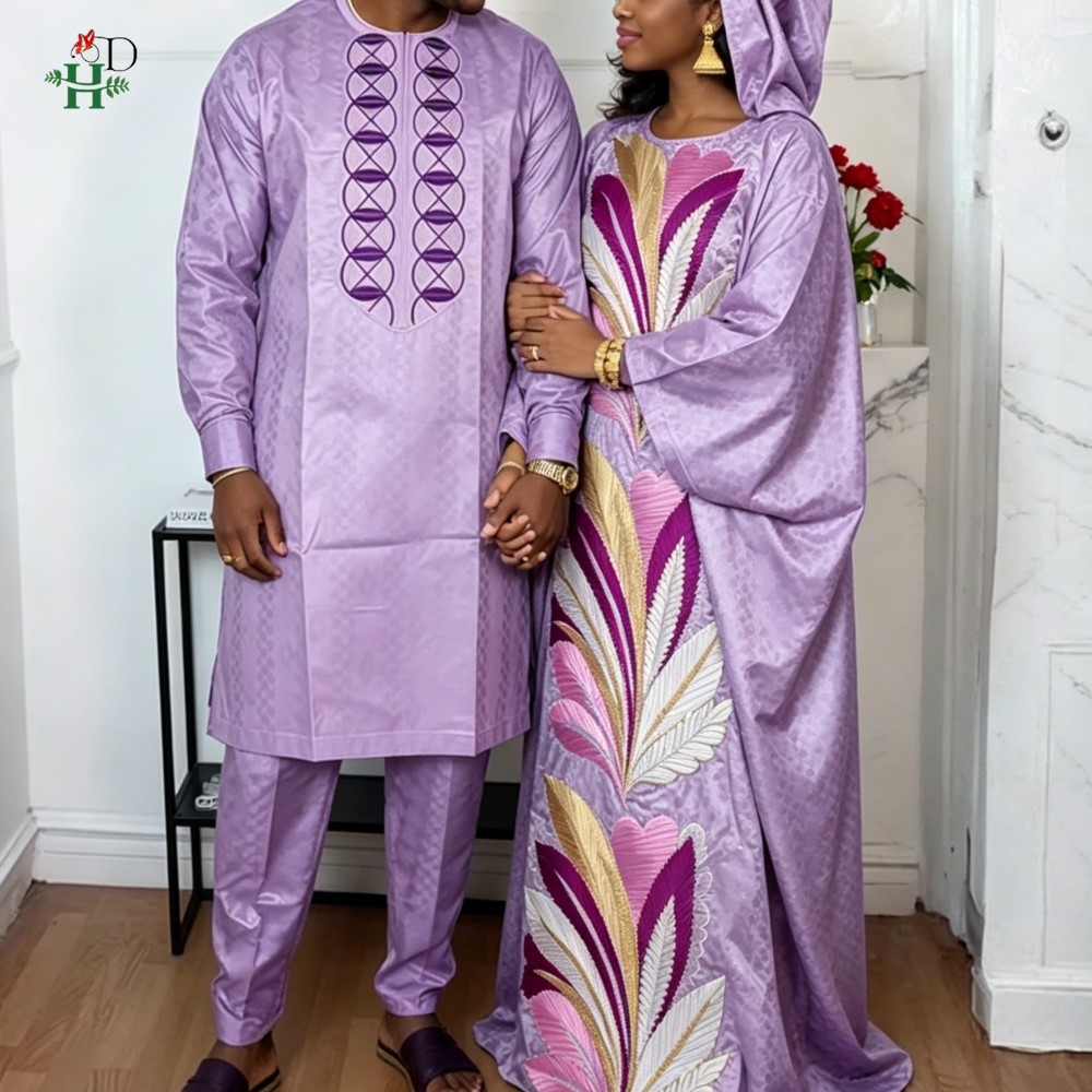 Robes africaines H&D pour couple, ensemble traditionnel violet assorti, tenue brodée pour homme, robe originale de Dubaï pour femme.