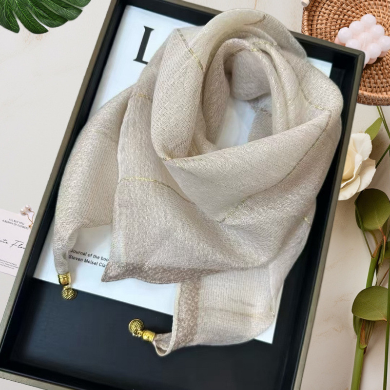 Écharpe en fil de mousseline de soie doré, 70x70cm, carrée, printemps et automne, boucle magnétique, cou, haut de gamme, polyvalente pour femmes