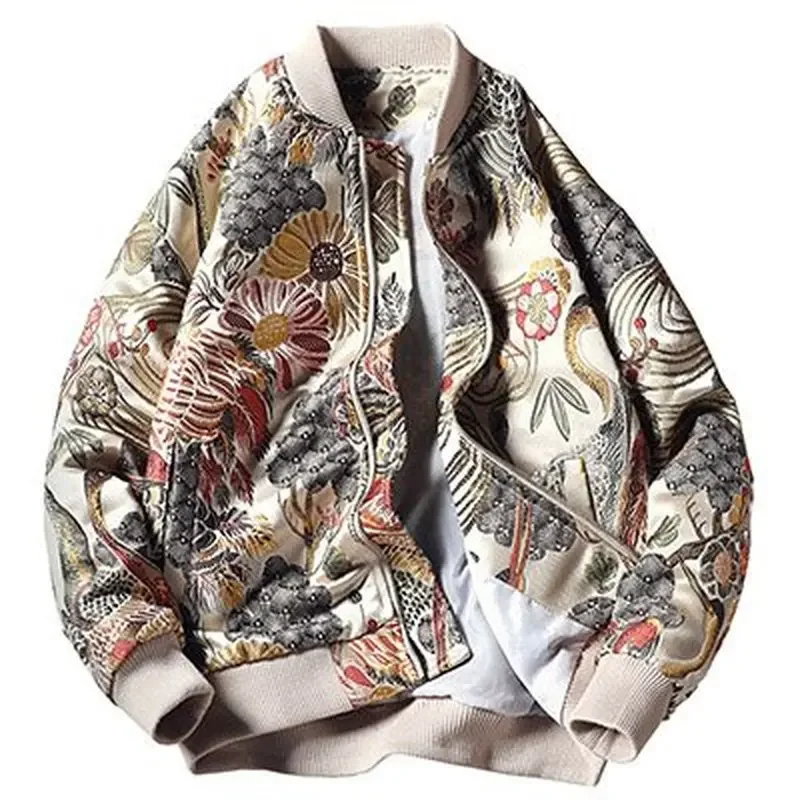 Blouson aviateur brodé floral et grue de style japonais pour hommes, col montant, streetwear universitaire, vestes de baseball, manteau d'automne