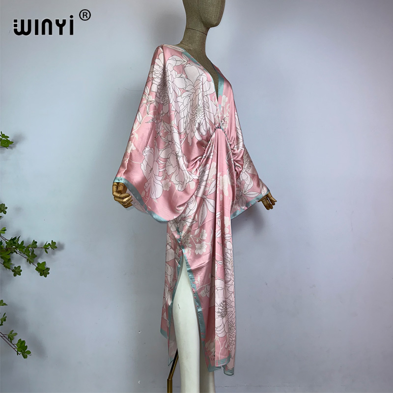 WINYI Nouvelle Robe d'Été à Fente Haute, Sexy et Élégante, Imprimée, pour Femmes, Kaftan Bohème à Manches Longues, Robe de Plage à la Mode pour Dames