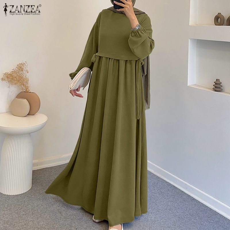 ZANZEA – robe longue kaftan musulmane pour femmes, manches lanternes, à lacets, couleur unie, plissée, robe longue islamique, Abaya