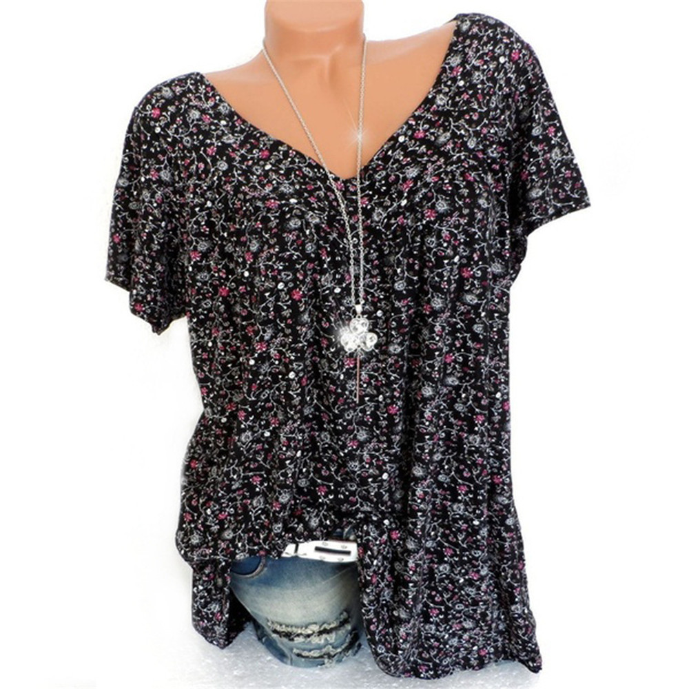 T-shirt à manches courtes en mousseline de soie pour femme, col en v, imprimé floral, livraison directe, YRW6930