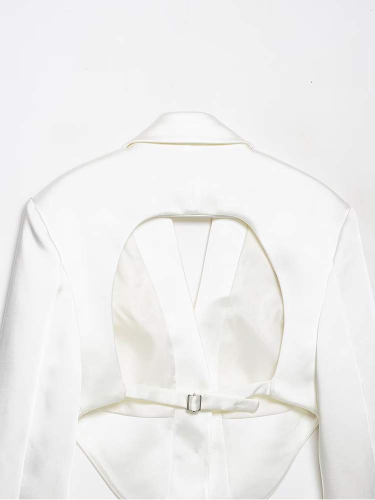 Ensemble tailleur décontracté TFMLN pour femme : Blazer court en satin à revers et dos nu, pantalon large coupe ballon – Nouvelle collection 2026