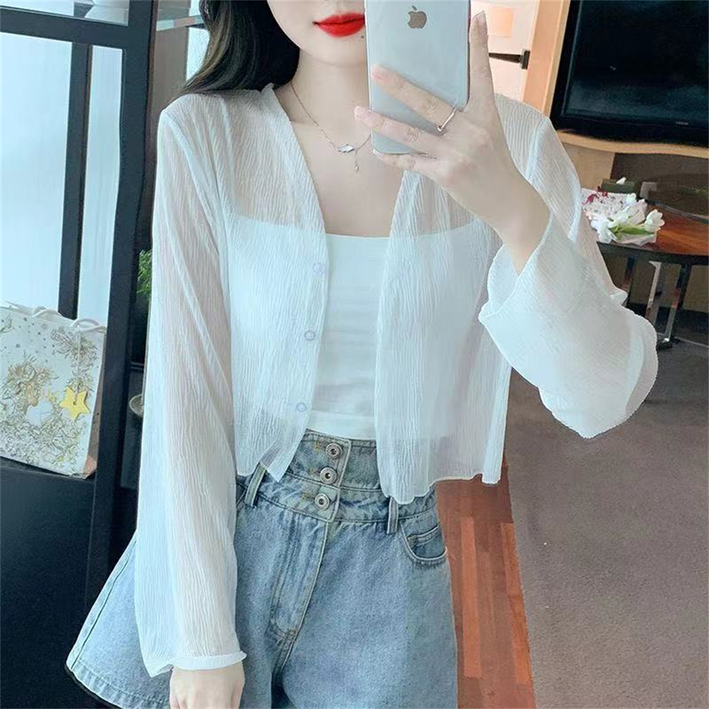Cardigan en mousseline de soie glacée pour femme, vêtements de protection solaire, jupe camisole fine, couverture extérieure, petite veste châle, été