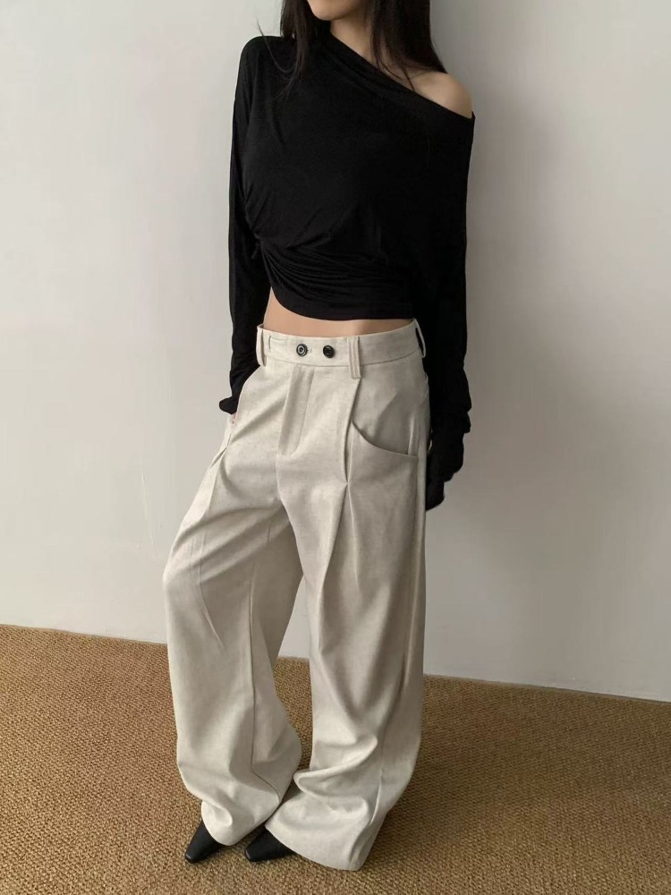 Pantalon droit froissé à jambes larges pour femmes, Style de transport, bas de printemps pour filles, Baggy, taille haute, ample