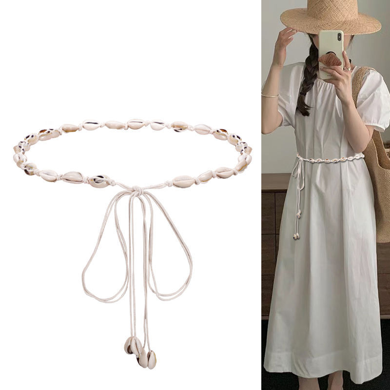 Ceinture fine en coquillage blanc pour femme, style ethnique bohème, ULtissée, sangles décoratives pour robe de dame, accessoire d'été