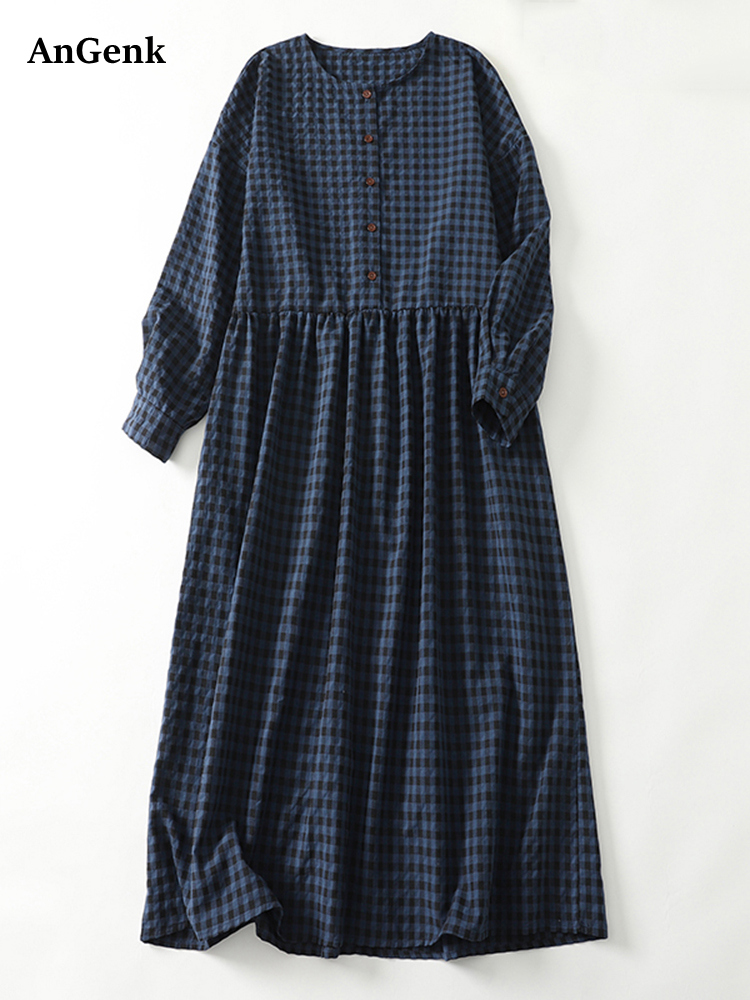 Robes en coton à carreaux vintage pour femmes, manches longues, amples, décontractées, pour le bureau, vêtements élégants, printemps automne 2026