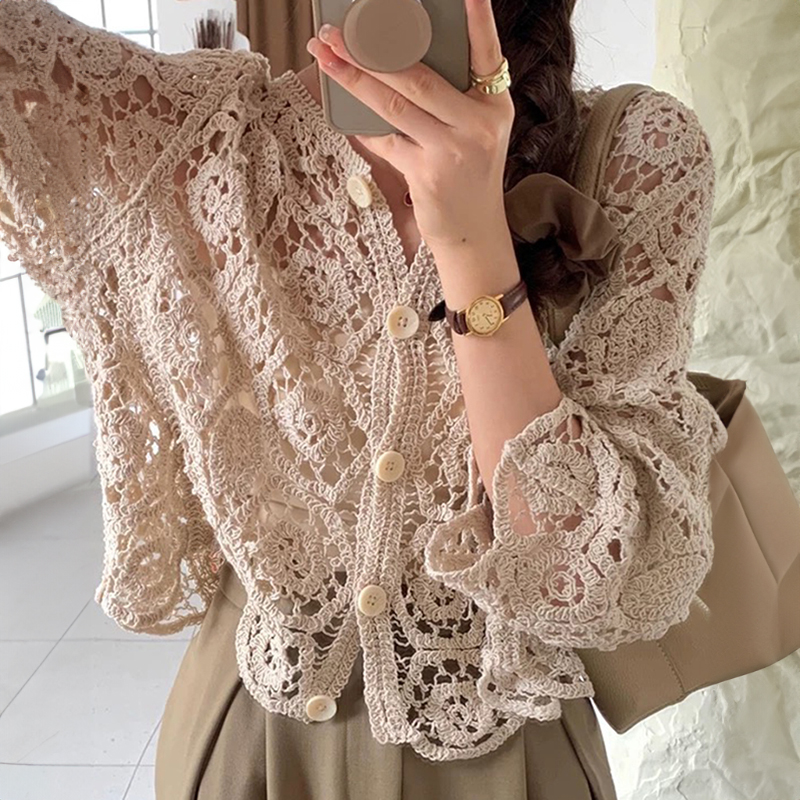 Manches longues Crochet haut en tricot plage Bikini couvrir boutonné Cardigan Blouse femmes blusas para mujer vacances Boho tenue