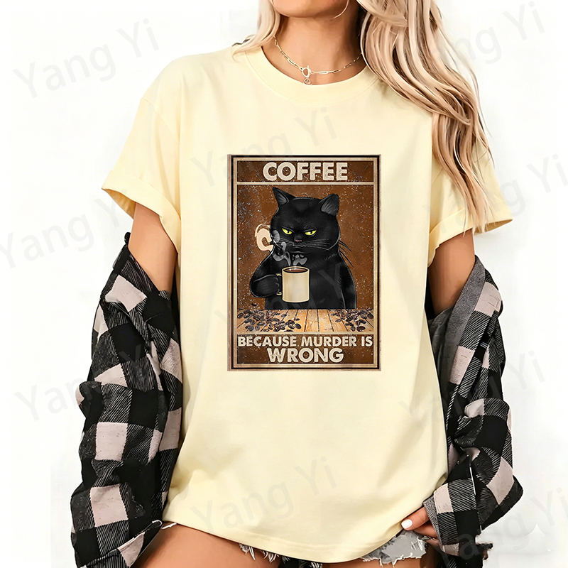 T-shirt en coton imprimé chat noir à la mode tenant une tasse de café, décontracté à manches courtes, avec graphique BECAUSE MURDER IS WRONG, pour hommes et femmes