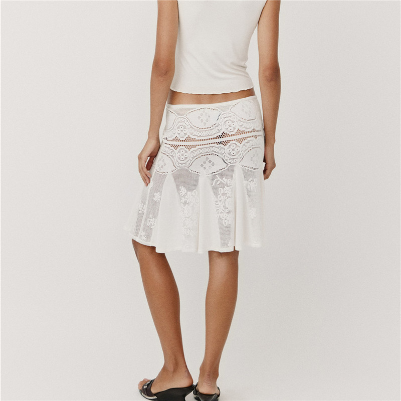 Jupe midi en dentelle crochet pour femme, taille basse, maille florale ajourée transparente, ourlet à volants, jupe au genou, style bohème, pour les vacances, jupe de plage