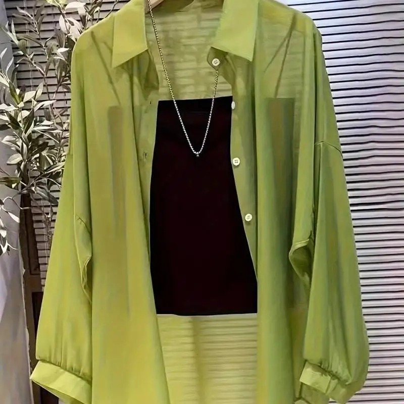 Nouvelle chemise femme |   Léger respirant, couleur unie, patte de boutonnage droite, revers, manches longues, vêtements d'extérieur et protection solaire