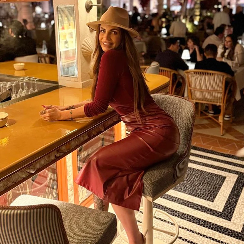 Jupe longue en cuir pour femmes, décontractée, bordeaux, fente au dos, Slim, élégante, taille haute, moulante, nouvelle collection printemps automne 2026