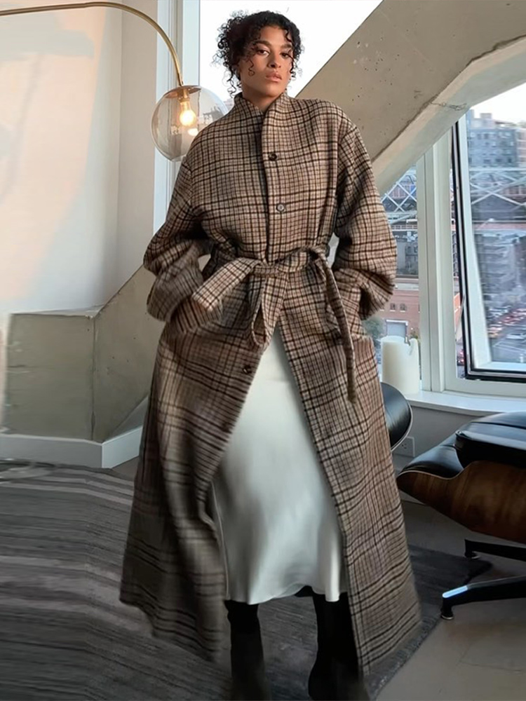 Manteaux longs en Patchwork à carreaux pour femmes, col montant, ceinture à nouer, vestes à simple boutonnage, vêtements d'extérieur pour dames, nouvelle collection automne hiver 2025