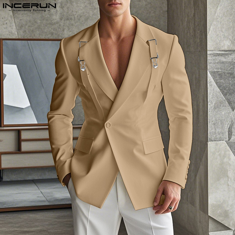 Y-INCERUN-Blazer à Manches sulfpour Homme, Manteau Décontracté, Streetwear, Monochromatique, à la Mode, Bien Ajusté, avec Boucle en Métal