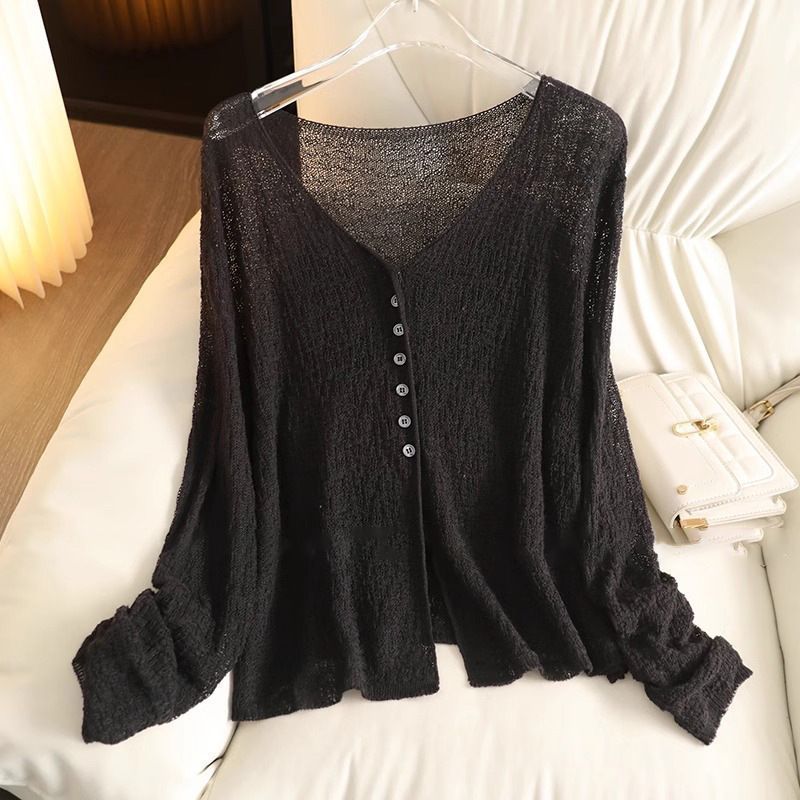 Manteaux légers en maille pour femmes, vêtements ajourés à manches longues, couleur unie, col en V, cardigans décontractés pour l'été