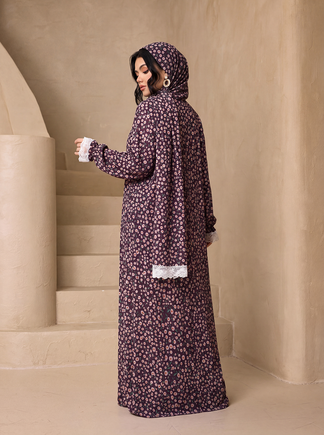 Abaya vintage à imprimé floral, ensemble de 3 pièces avec hijab assorti, robe maxi modeste à manches en dentelle blanche, tenue de fête pour femmes musulmanes