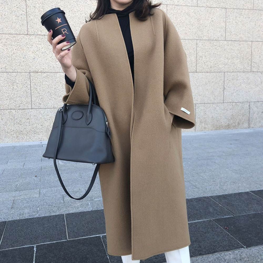 Femmes Cardigan mélanges col rond longs manteaux décontracté droit laine manteau coupe ample manches longues solide épissure vêtements d'extérieur régulier 2025