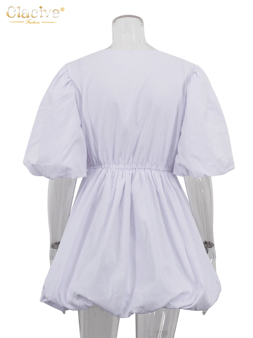 ClacMarkets-Mini robe décontractée en coton blanc pour femme, col en V, manches courtes, élégante, classique, taille haute, été