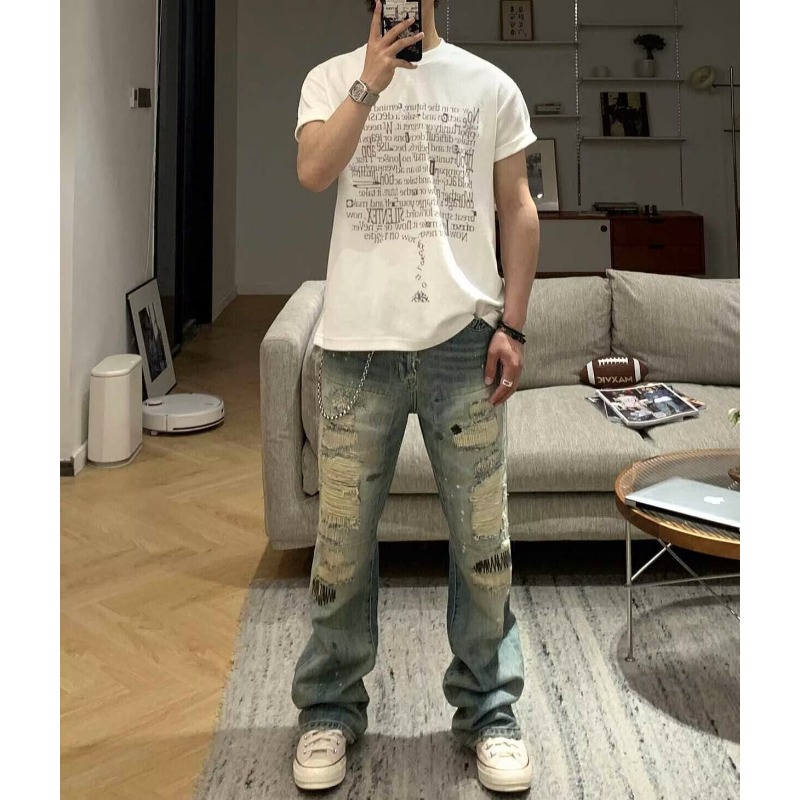 Jean pour homme vintage déchiré et délavé, coupe droite, broderie, style bootcut, bleu