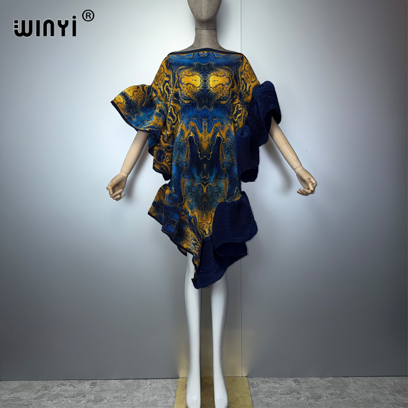 Robe Kaftan Maxi WINYI Style Dubaï Plissée Abaya Manches Bouffantes Élastiques Cache-maillot de Plage Robe de Soirée de Luxe pour Vacances et Fêtes