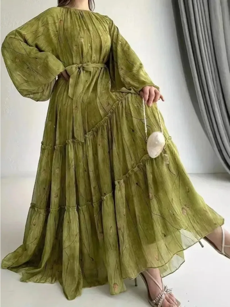 Eid Robe Abaya musulmane pour femmes imprimer ceintures en mousseline de soie Jalabiya caftan Islam arabe longue Robe Ramadan maroc Abayas tenues