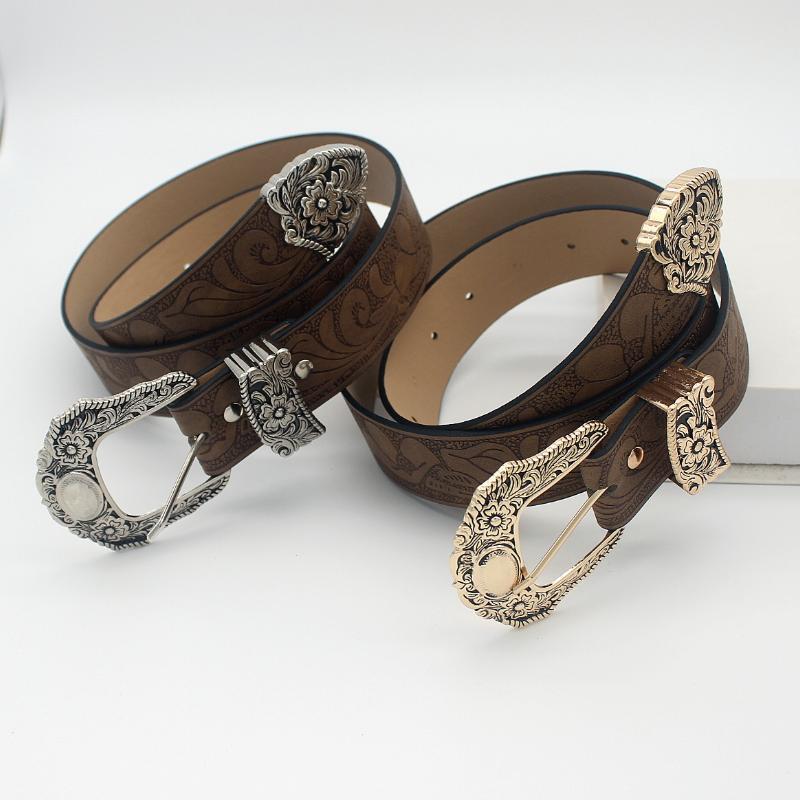 Ceinture à boucle sculptée florale pour femme, ceinture rétro unie gaufrée, ceinture de style western pour jeans