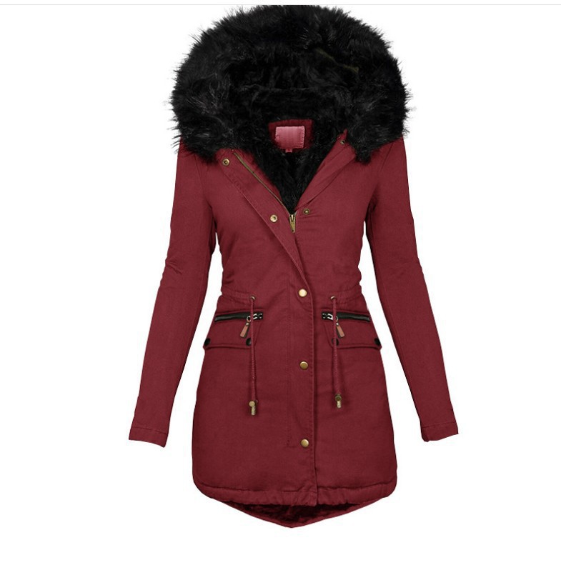 Manteau en laine pour femme, automne-hiver 2026, couleur unie, col en fourrure, capuche, épais, chaud, rembourré en coton, pour vêtements féminins