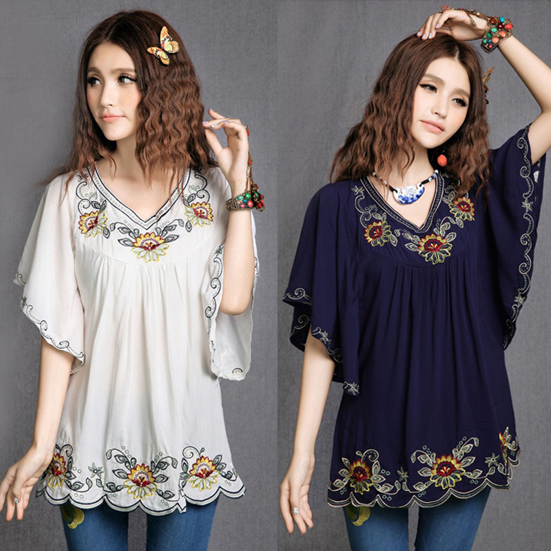 2026 Blouse Tunique Femme en Coton, Style Vintage Mexicain, Broderie Florale Ethnique, Coupe Ample Décontractée Bohème, Manches Chauve-souris, Blusa Mujer