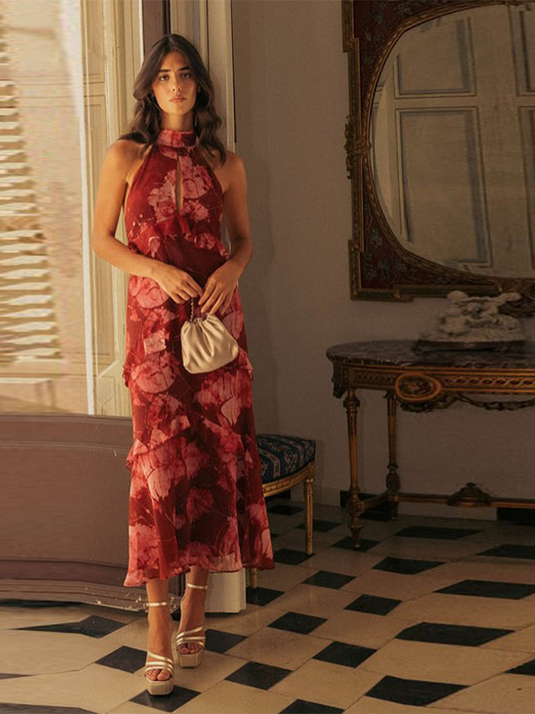 Robes décontractées pour femmes, robe maxi à bretelles florales, détail de volants superposés, robe élégante pour les vacances et les soirées, vêtements féminins, vêtements de plage