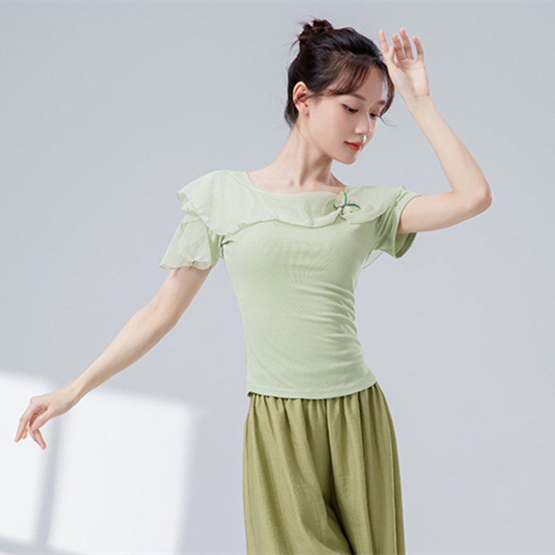 Tenues de danse pour femmes, chemise à manches courtes en maille de gaze épissée, chemisier d'entraînement de Ballet élégant, Costumes de pratique sur scène de rime corporelle