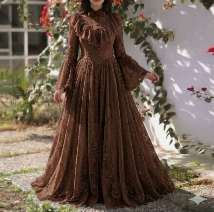 Robe longue élégante pour femme, nouvelle collection Printemps-Automne 2026, couleur unie, dentelle, volants, patchwork, taille cintrée, manches longues, style tempérament