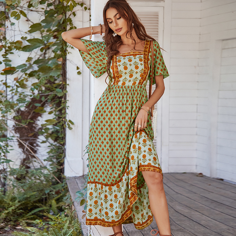 Robe élégante en coton imprimé pour femmes, jupe à col carré, Style vacances françaises, vêtements moulants, printemps été