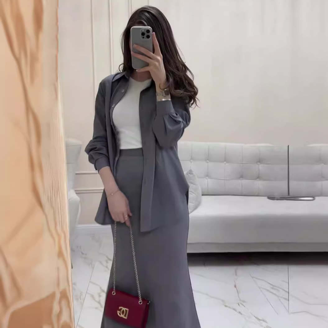 Chemise à manches longues à col rabattu pour femmes, ensembles de jupe, coupe couvertes, taille haute, robe sexy, 2 pièces