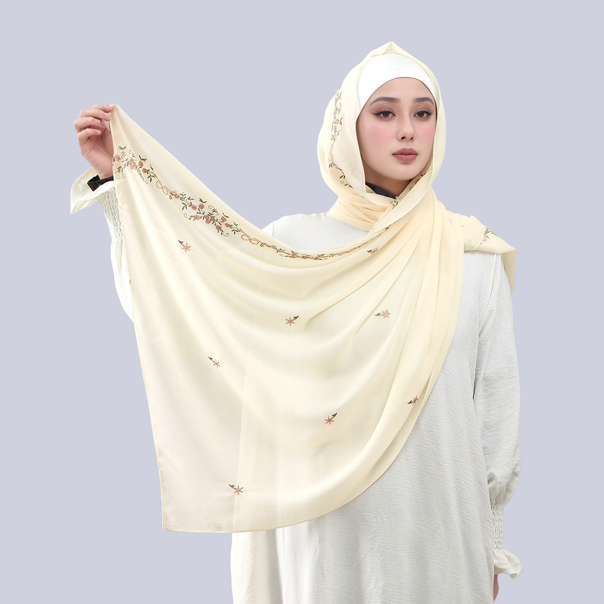 Voile Hijab en Chiffon Brodé Floral Ramadan pour Femme, Foulard Uni Premium, Châle, Turban, Bandana 170*70cm