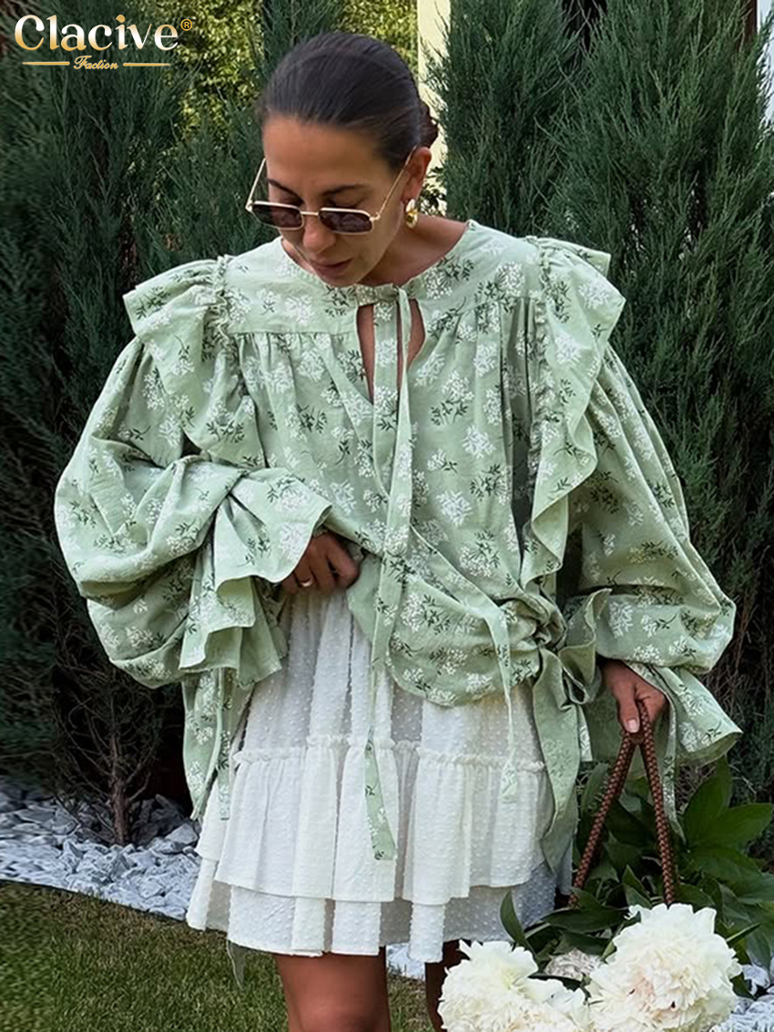 Clacive mode ample imprimé chemise pour femme 2025 décontracté col rond à manches longues chemises élégant classique à volants hauts vêtements féminins