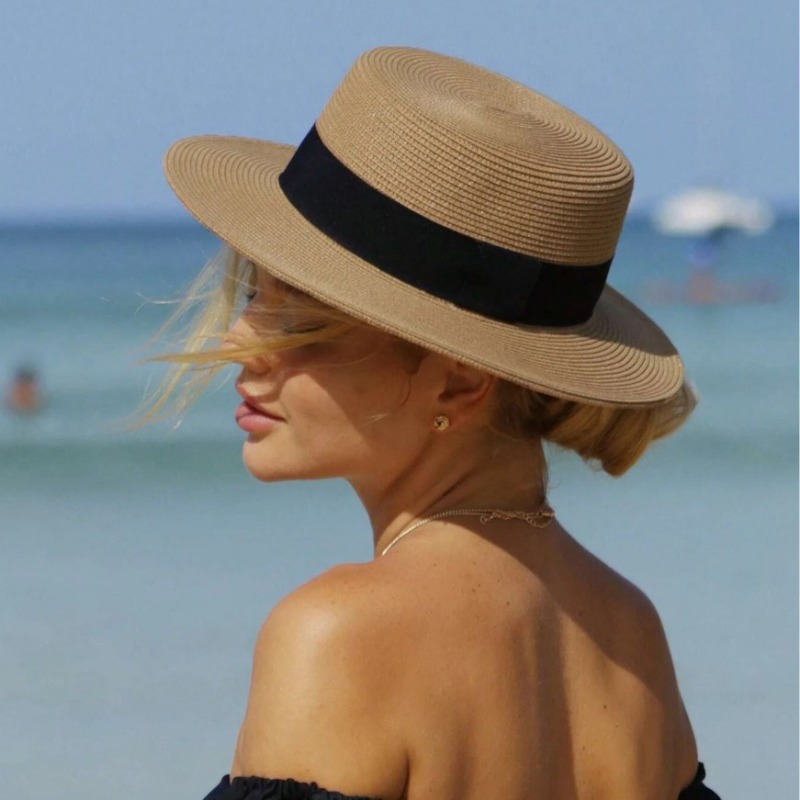 1 pièce Chapeau de paille d'été à large bord pour femme, Chapeau de soleil, Chapeau de plage, Chapeau Panama, Chapeau Fedora