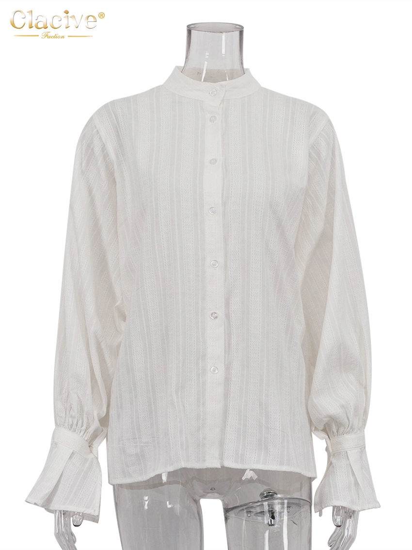 Clacive mode ample blanc coton femmes chemise 2025 décontracté revers à manches longues chemises élégant classique solide haut femme vêtements