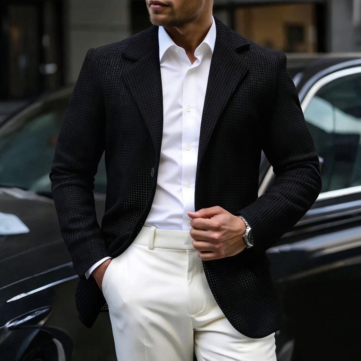 Blazer d'été pour homme en maille fine, ample et respirant, tricoté, à simple boutonnage, léger, décontracté, vêtement d'extérieur
