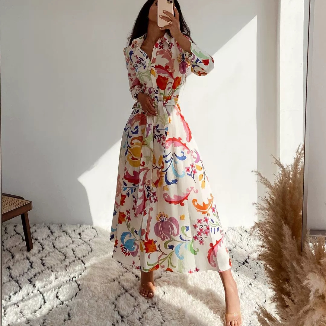Robe maxi en rayonne de coton à imprimé floral vert pour femmes, robe vintage à manches longues, robe bohème décontractée pour dames, vêtements éducatifs, printemps, automne