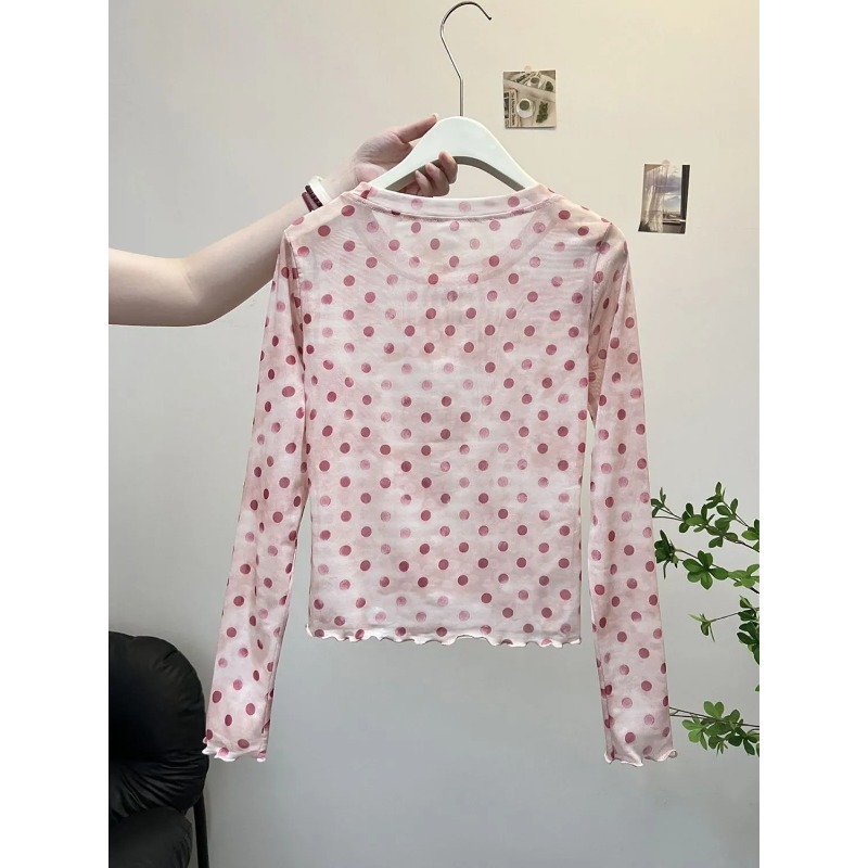 Vêtements d'été pour femmes, chemisier de Protection en maille dégradée avec imprimé à pois, t-shirts au Design polyvalent, haut à manches longues à bords de champignon